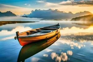 een boot zit Aan de water Bij zonsopkomst. ai-gegenereerd foto