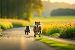 twee honden wandelen naar beneden een weg in de land. ai-gegenereerd foto