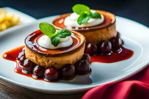 twee desserts Aan een bord met saus en kaas. ai-gegenereerd foto