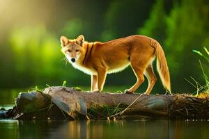 een rood hond staand Aan een log in de water. ai-gegenereerd foto