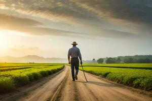 een Mens wandelen Aan een aarde weg in een veld. ai-gegenereerd foto