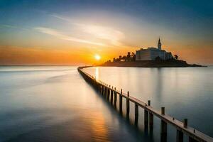 de zon stijgt over- een pier in de midden- van de oceaan. ai-gegenereerd foto