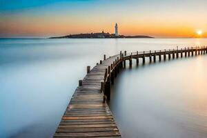 een lang blootstelling fotograaf van een pier uitrekken in de oceaan. ai-gegenereerd foto