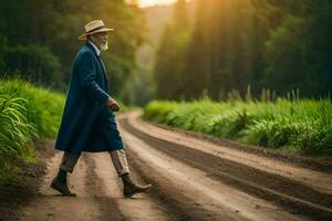 een oud Mens in een blauw jas en hoed wandelen naar beneden een aarde weg. ai-gegenereerd foto