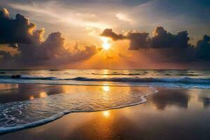 de zon stijgt over- de oceaan en wolken Aan de strand. ai-gegenereerd foto