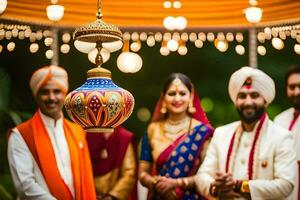 Indisch bruiloft ceremonie in de stad. ai-gegenereerd foto