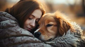 persoon knuffelen emotioneel ondersteuning hond epilepsie Verlichting achtergrond met leeg ruimte voor tekst foto
