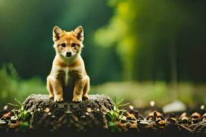 een puppy zittend Aan top van een stomp in de Woud. ai-gegenereerd foto