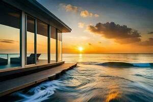 een huis Aan de strand met de zon instelling. ai-gegenereerd foto