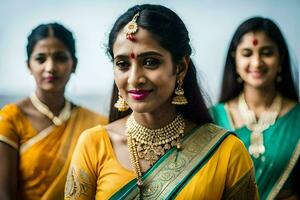 drie Dames in traditioneel sari's poseren voor de camera. ai-gegenereerd foto