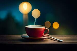 een kop van koffie Aan een houten tafel met een bokeh effect. ai-gegenereerd foto