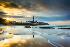 de zon sets over- de strand en vuurtoren. ai-gegenereerd foto