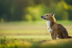 een hond zittend in de gras op zoek omhoog. ai-gegenereerd foto