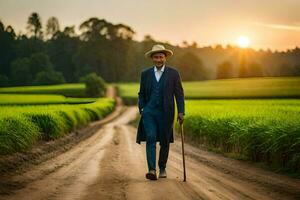 een Mens in een pak en hoed wandelen naar beneden een aarde weg. ai-gegenereerd foto