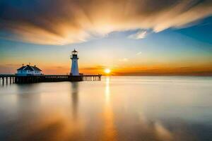 een vuurtoren staat Aan de kust van een lichaam van water Bij zonsondergang. ai-gegenereerd foto