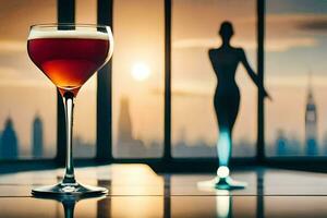 een glas van wijn met een silhouet van een vrouw in de achtergrond. ai-gegenereerd foto