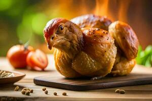 een kip is zittend Aan een houten snijdend bord met tomaten en specerijen. ai-gegenereerd foto