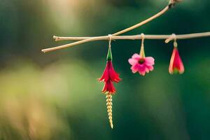 drie rood bloemen hangende van een Afdeling. ai-gegenereerd foto