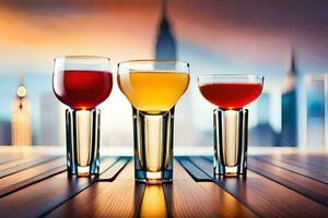 drie bril van verschillend drankjes Aan een tafel in voorkant van een stad horizon. ai-gegenereerd foto