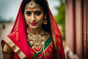 een mooi Indisch vrouw vervelend een rood sari en sieraden. ai-gegenereerd foto