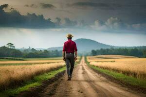 een Mens in een hoed wandelingen naar beneden een aarde weg. ai-gegenereerd foto