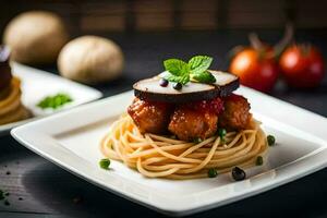 een bord van spaghetti met gehaktballen en groenten. ai-gegenereerd foto