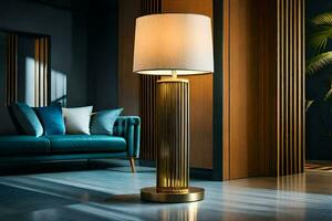 een modern lamp met een goud baseren en een wit schaduw. ai-gegenereerd foto