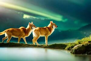 twee honden staand Aan een rots in voorkant van een rivier. ai-gegenereerd foto