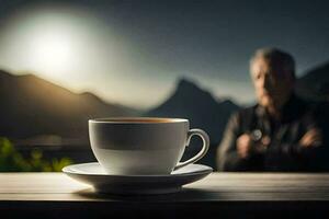 een koffie kop zit Aan een tafel in voorkant van een Mens. ai-gegenereerd foto