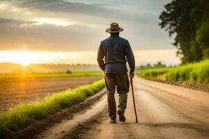 een Mens wandelen naar beneden een aarde weg met een riet. ai-gegenereerd foto