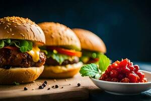 drie hamburgers met tomaat, sla en kaas Aan een houten bord. ai-gegenereerd foto