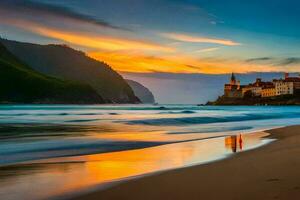 een strand met een kerk Bij zonsondergang. ai-gegenereerd foto