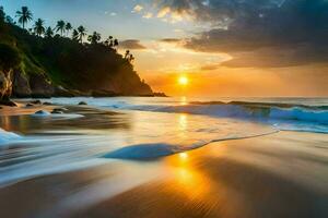 de zon sets Aan de strand in sri lanka. ai-gegenereerd foto