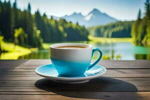 koffie Aan de tafel in de bergen. ai-gegenereerd foto