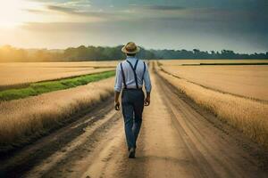 een Mens in een hoed en bretels wandelen naar beneden een aarde weg. ai-gegenereerd foto