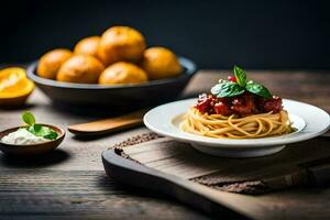 spaghetti met tomaat saus en basilicum bladeren Aan een houten tafel. ai-gegenereerd foto