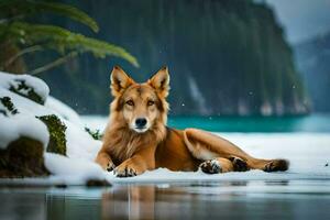 een hond houdende in de sneeuw in de buurt een meer. ai-gegenereerd foto