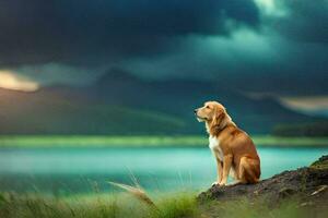 een hond zittend Aan een rots met uitzicht een meer. ai-gegenereerd foto