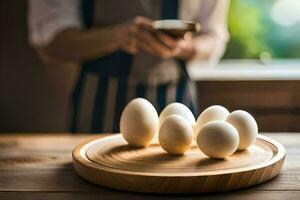 een Mens is gebruik makend van zijn cel telefoon naar nemen afbeeldingen van eieren. ai-gegenereerd foto