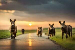 een groep van ezels wandelen naar beneden een weg Bij zonsondergang. ai-gegenereerd foto