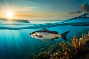 een vis zwemmen in de oceaan met de zon instelling achter het. ai-gegenereerd foto