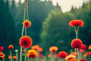 bloemen in een veld- met bomen in de achtergrond. ai-gegenereerd foto