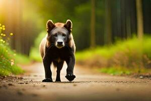 een bruin beer wandelen naar beneden een aarde weg. ai-gegenereerd foto