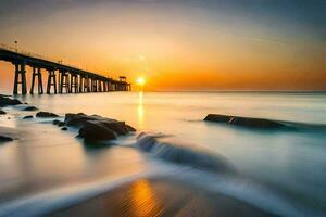 de zon sets over- de oceaan en pier. ai-gegenereerd foto