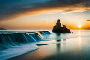 een zonsondergang over- de oceaan met een waterval. ai-gegenereerd foto