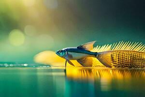 een vis met een veer Aan de water. ai-gegenereerd foto