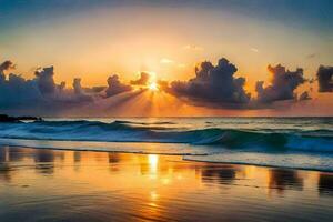 de zon stijgt over- de oceaan en wolken. ai-gegenereerd foto