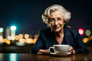 een ouder vrouw met bril Holding een kop van koffie. ai-gegenereerd foto