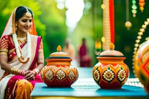 een vrouw in traditioneel Indisch kleding zit De volgende naar twee potten. ai-gegenereerd foto