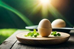 twee eieren Aan een houten bord met munt bladeren. ai-gegenereerd foto